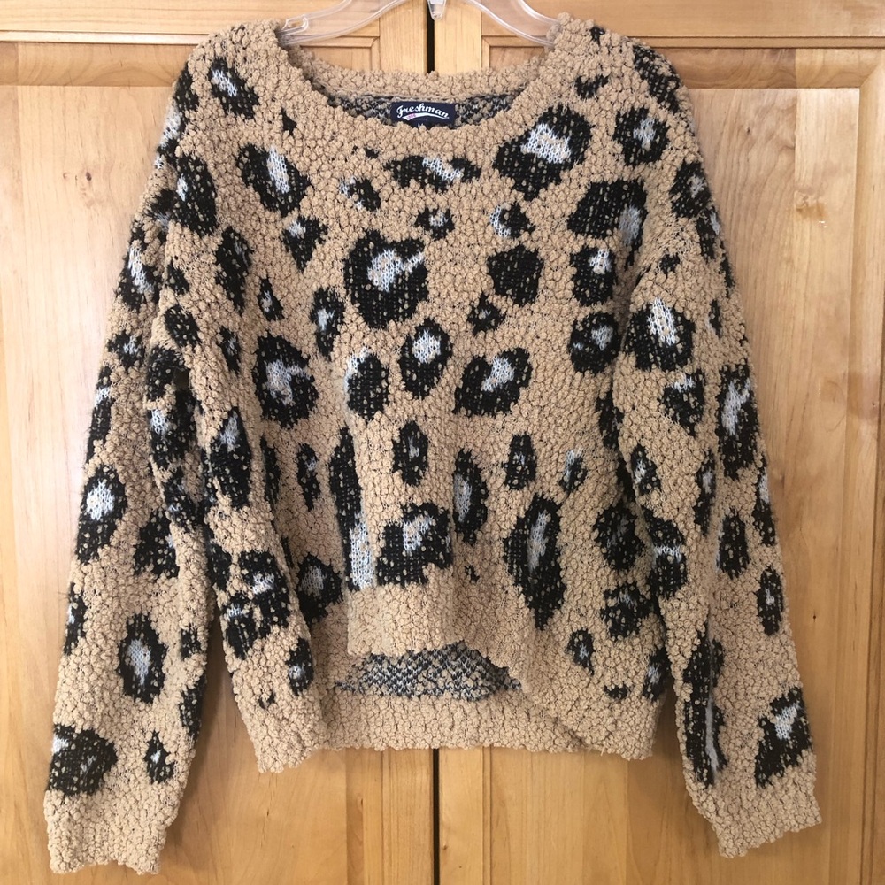 Freshman Leopard Print Crew Neck Sweater - Tan and Black